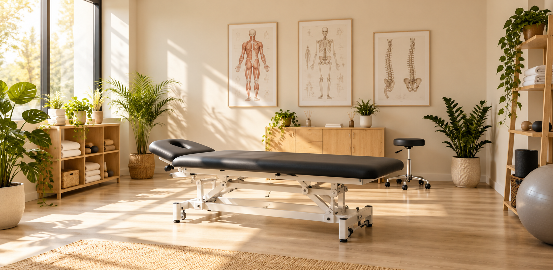 Przytulny gabinet fizjoterapeutyczny z kozetką i roślinami